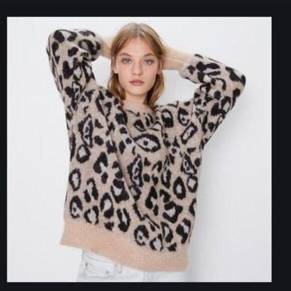 Zara Leopard Oversized Slouch Sweater Crewneck - Picture 1 of 14